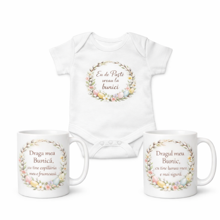 Set Cadou de Paște pentru Bunici – Body Bebeluș + Căni „Draga mea Bunică” & „Dragul meu Bunic” – Design Floral Elegant, Ediție Specială [1]