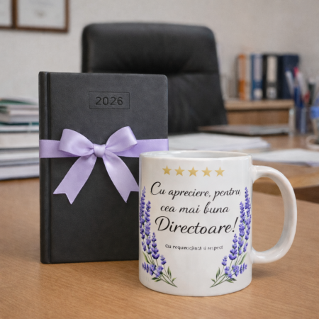 Tricouri - Set Cadou Directoare de Scoala 2026 – Cana Personalizata cu Mesaj si Agenda Neagra Eleganta