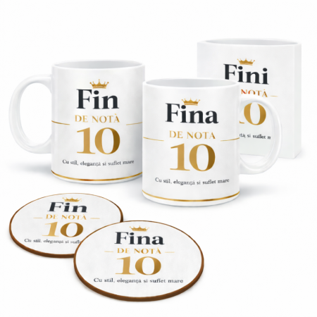 Cani personalizate - Set Cadou Fini Cana si Suporturi Pahare cu Felicitare, Design Elegant DE NOTA 10, Cadou pentru Fin si Fina