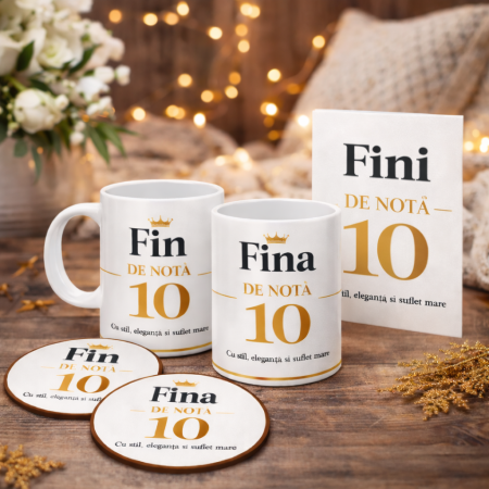 Set Cadou Fini Cana si Suporturi Pahare cu Felicitare, Design Elegant DE NOTA 10, Cadou pentru Fin si Fina [1]