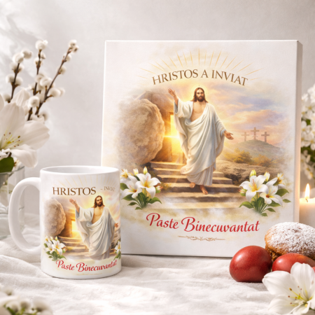 tablouri-canvas-personalizate - Set cadou Paste – Cana personalizata + tablou canvas 30x30 cm, Hristos a Inviat, design religios elegant, decor si cadou special