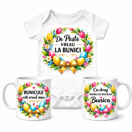 Tricouri - Set Cadou Paste Familie – Body Bebeluș + Cana Bunica + Cana Bunicul – Mesaj “De Paste Vreau la Bunici”