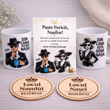 Cadouri nasi, fini, parinti - Set Cadou Paște Nași – Căni + Felicitare personalizată + Coastere gravate