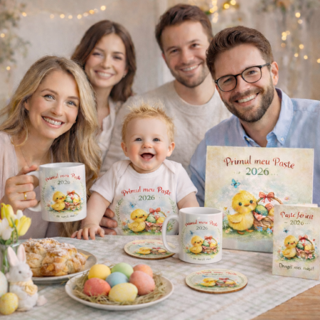 Set cadou Paște pentru nași – body bebe, 2 căni, tablou canvas, coastere și felicitare, pui [1]