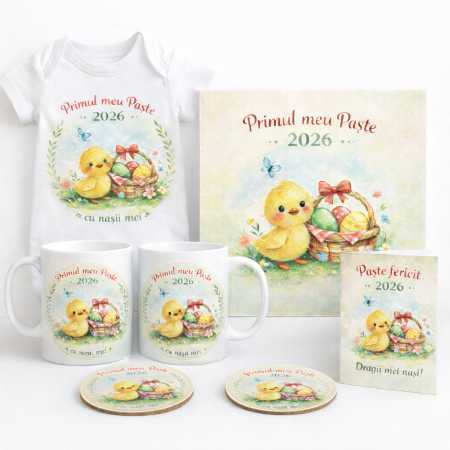 Tricouri - Set cadou Paște pentru nași – body bebe, 2 căni, tablou canvas, coastere și felicitare, pui