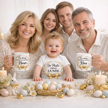 Tricouri - Set Cadou Paste pentru Nasi – Body Bebeluș „De Paste Vreau la Nasi” + Cana Nasa si Cana Nas – Cadou Familie de la Finut
