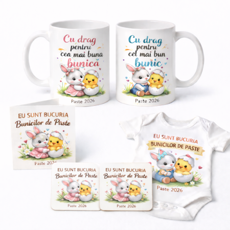 Tricouri - Set Cadou Paste Premium pentru Bunici 2026 – 2 Cani Personalizate, 2 Coastere, Body Bebe si Felicitare – “Eu Sunt Bucuria Bunicilor de Paste”