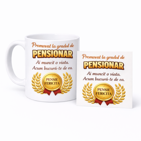 CANI NUME - Set Cadou Pensionare Cana si Felicitare Personalizata, Design Premium cu Mesaj Promovat la Gradul de Pensionar, Model Pensie Fericita, Cadou pentru Coleg sau Familie