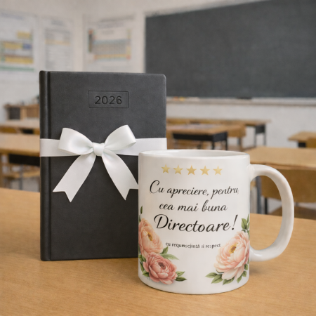 Tricouri - Set Cadou pentru Directoare de Scoala 2026 – Cana Personalizata cu Mesaj si Agenda Eleganta Neagra