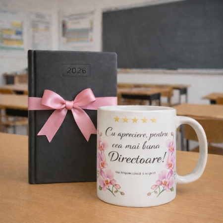 Tricouri - Set Cadou pentru Directoare de Scoala – Cana cu Orhidee si Agenda 2026 cu Fundita Roz