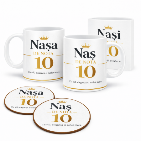 Tricouri - Set Cadou Premium pentru Nasi de Nota 10 – Cana Nasa si Cana Nas 330 ml + Coastere MDF + Felicitare Eleganta, Design Luxury, Cadou Special pentru Nasi Botez Nunta Aniversare, Idee Cadou Emotionala Deo