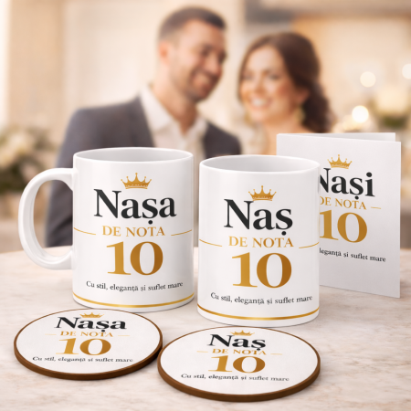 Set Cadou Premium pentru Nasi de Nota 10 – Cana Nasa si Cana Nas 330 ml + Coastere MDF + Felicitare Eleganta, Design Luxury, Cadou Special pentru Nasi Botez Nunta Aniversare, Idee Cadou Emotionala Deo [2]