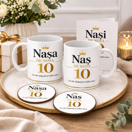 Set Cadou Premium pentru Nasi de Nota 10 – Cana Nasa si Cana Nas 330 ml + Coastere MDF + Felicitare Eleganta, Design Luxury, Cadou Special pentru Nasi Botez Nunta Aniversare, Idee Cadou Emotionala Deo [1]