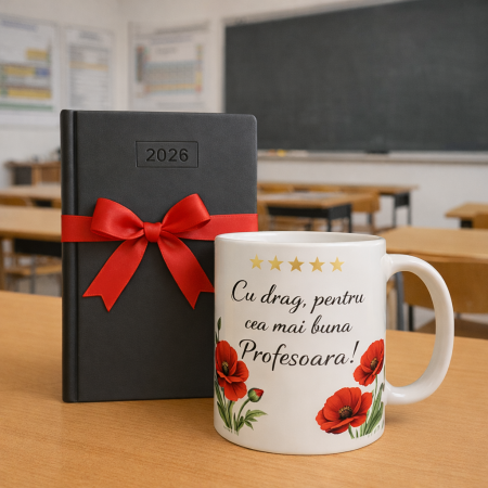 Tricouri - Set Cadou Profesoara Cana cu Maci si Mesaj Multumire Agenda 2026 cu Fundita