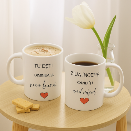 Obiecte lemn personalizate - Set Căni „Tu Ești Dimineața Mea Bună” – Cadou Romantic pentru Iubit/Iubită