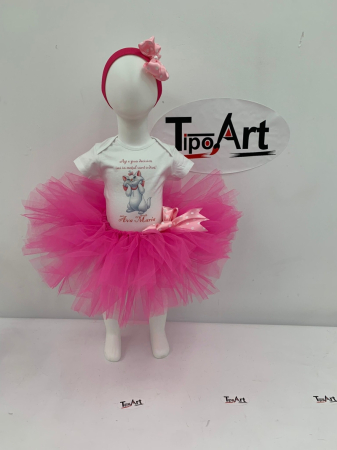 Tricouri aniversare - Set fustita cu body si bentita, roz, pisicuta mary