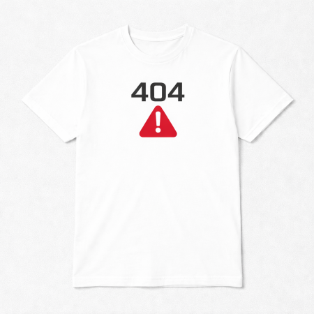 Tricou alb unisex „404 Error”, design minimalist cu simbol de avertizare, print negru si rosu, stil casual modern [2]