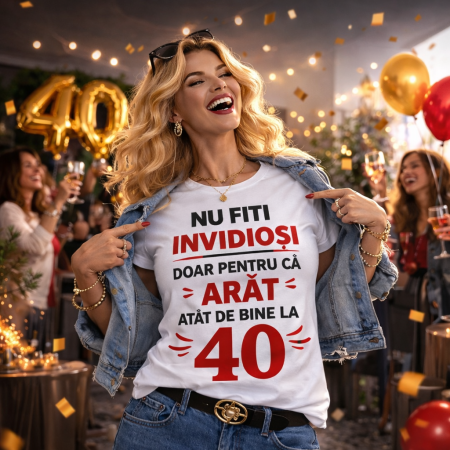 Tricouri - Tricou aniversar 40 ani personalizat – Nu fiti invidiosi doar pentru ca arat atat de bine la 40 – cadou amuzant zi de nastere