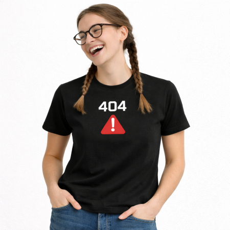 Tricou  bumbac, negru unisex „404 Error”, design minimalist cu simbol de avertizare, print alb si rosu [1]