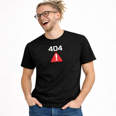 Tricou  bumbac, negru unisex „404 Error”, design minimalist cu simbol de avertizare, print alb si rosu [0]