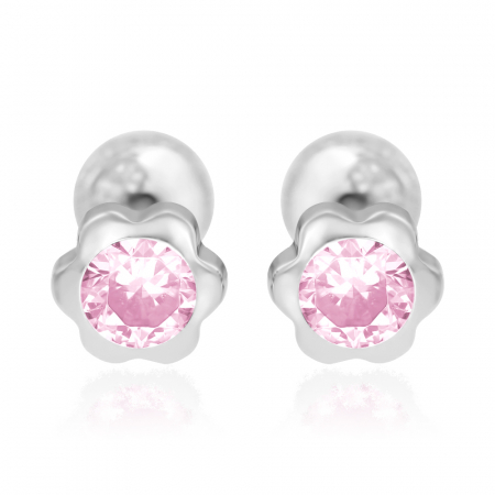 Cercei din aur cu protectie - cercei-cu-protectie-aur-alb-14k-flori-mari-cu-piatra-roz-5-5-mm