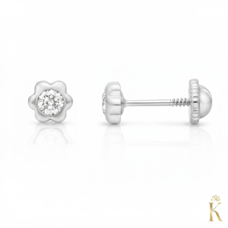 Cercei  Aur - cercei-copii-cu-protectie-aur-alb-14k-flori-mici-cu-piatra-incolora-4-mm