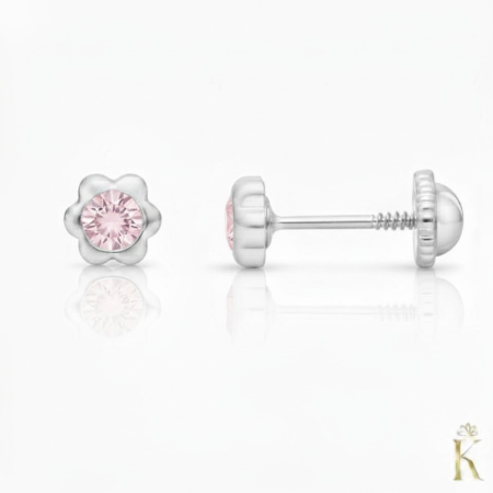 Cercei  Aur - cercei-copii-cu-protectie-aur-alb-14k-flori-mici-cu-piatra-roz-4-mm