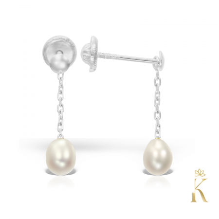 Cercei aur 9K - Cercei-aur-alb-lungi-Lant-cu-perla-Kalini