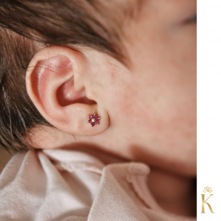 Cercei-bebelusi-protectie-aur-galben-rubine-floare-5mm-Kalini [1]