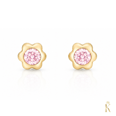 Cercei din aur cu protectie - Cercei-copii-cu-protectie-aur-galben-14K-Kalini-Flori-mici-zirconia-roz-