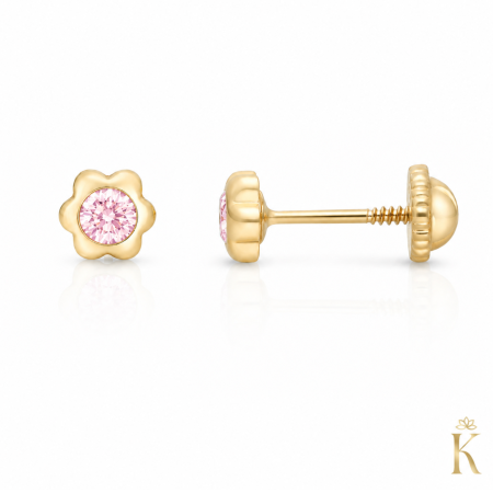 Cercei-copii-cu-protectie-aur-galben-14K-Kalini-Flori-mici-zirconia-roz- [1]