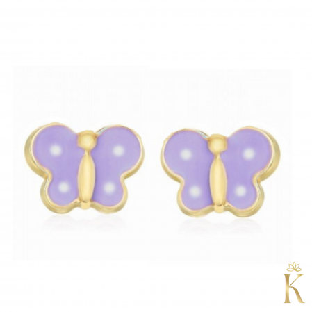 Cercei din aur cu protectie - cercei-cu-protectie-aur-galben-14k-fluturasi-mov-6x4-mm