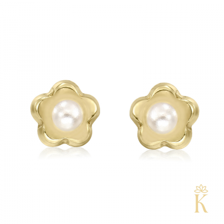 Cercei  piercing - Cercei-cu-protectie-bebelusi-aur-galben-18K-Flori-cu-perluta-Kalini