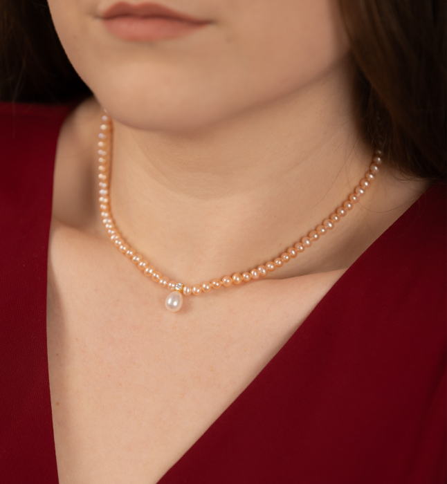 Colier cu perle naturale roz din argint placat cu aur - Lady Pink [2]