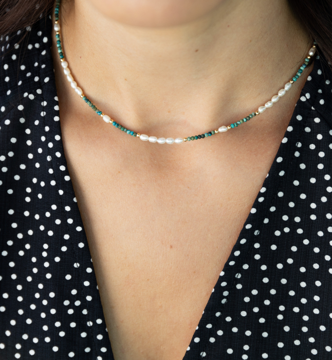 Colier din argint placat cu aur cu perle naturale si turcoaz [2]