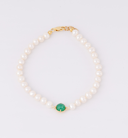 Bijuterii cu perle - Bratara din argint placat cu aur, perle naturale si cu agat verde