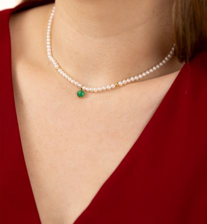 Colier cu perle naturale si agat verde din argint placat cu aur [1]