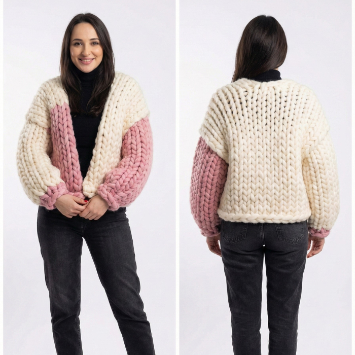 Cardigan tricotat din fire groase roz/ivory Kardelia [2]