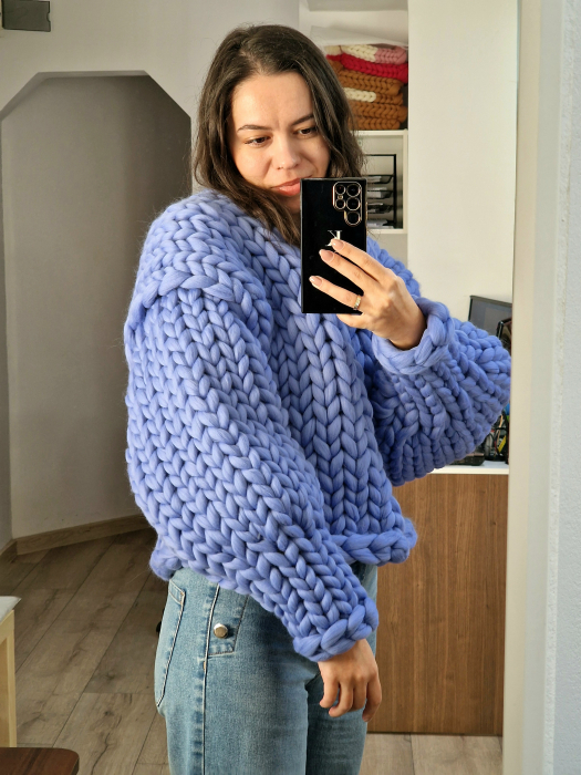 Cardigan gros din lana merino albastru