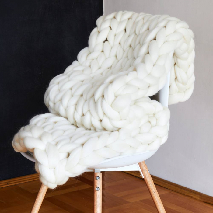 Patura tricotata foarte groasa din lana naturala merinos, ivory alb [3]