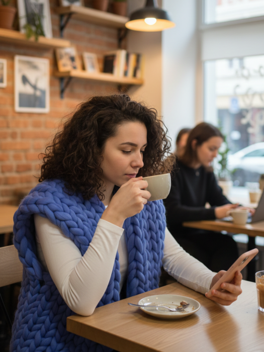 Vesta fara maneci, tricotata din fir foarte gros, culoare albastra, lana merinos 100% [2]