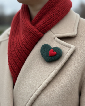 Broșe/Mărțișoare - Brosa inima din lana naturala, verde cu rosu