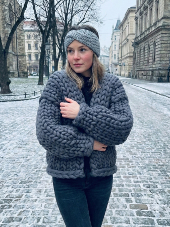 Cardigane - Cardigan gri tricotat din fire groase Kardelia