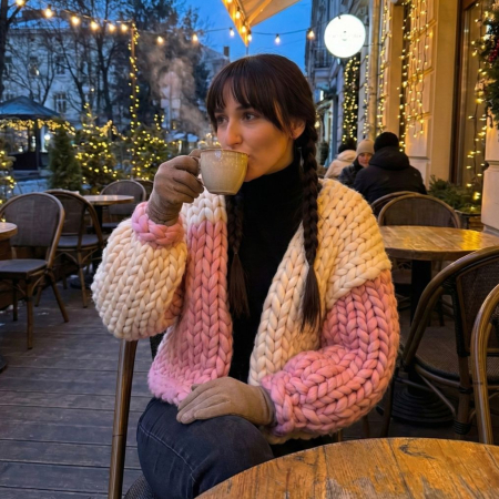 Cardigan tricotat din fire groase roz/ivory Kardelia