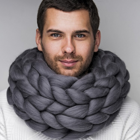Accesorii - Fular circular din fir gigant, lână merinos, gri