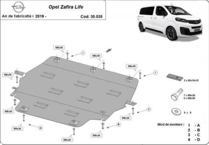 Scut motor metalic Opel Zafira Life 2019-prezent cu kit de prindere [1]