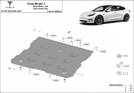 Scut motor Tesla 3 - Scut aluminiu motor fata Tesla Model 3 AWD 2017-2026