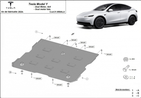 Scut motor Tesla Y - Scut aluminiu motor fata Tesla Model Y Juniper AWD 2024-2026