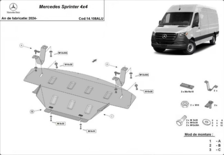 Scut motor Mercedes Sprinter - Scut protectie integrala aluminiu 3mm Karmaster compatibil Mercedes Sprinter 4x4 2024+ motor cutie radiator 14.108ALU