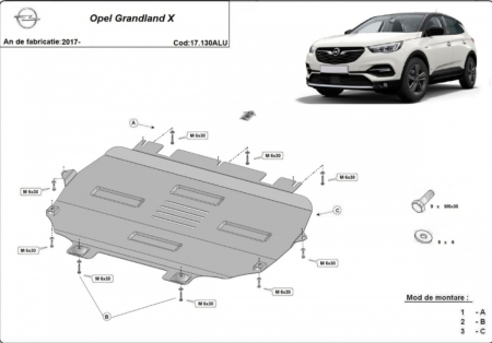 Scut motor Opel Grandland X - Scut Aluminiu 3mm Motor, Cutie, Radiator și Bară Opel Grandland X (2017+)